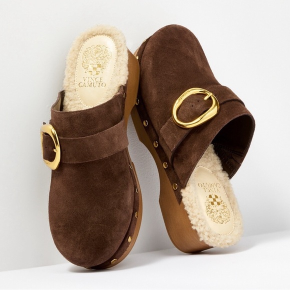 Vince Camuto Shoes - Vince Camuto Canzenee Chocolate Suede Mules with Gold Buckle